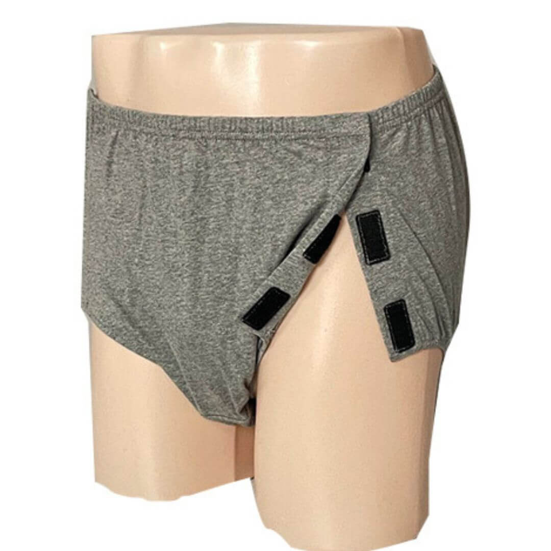 Adaptive open-flat brief with two side opening design displayed on a mannequin, suitable for wheelchair users and post-surgery NZ