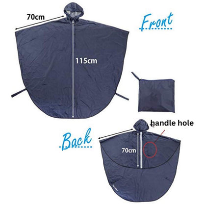 Size chart for the Wheelchair Rain Poncho showing 70cm width, 115cm length and handle hole