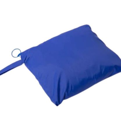 Wheelchair Rain Poncho folded into its navy blue storage pouch