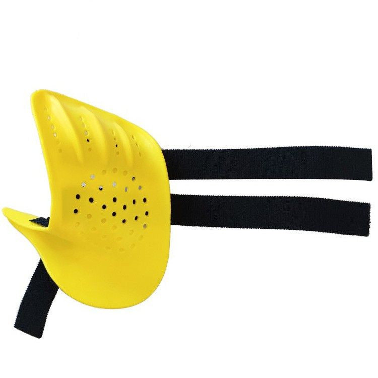 Finger resting splint laid flat showing ABS plastic shell with ventilation holes and three soft nylon Velcro straps, ergonomic curved design for comfortable extended wear