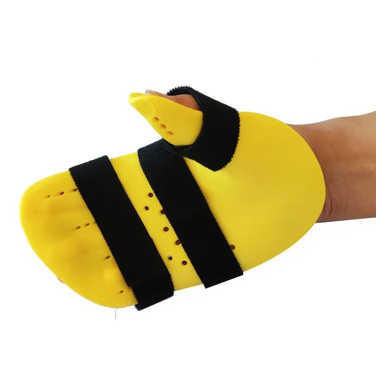 Finger resting splint worn on hand, side view showing full palm coverage, secure Velcro strap fit, and ventilated ABS shell for breathable all-day wear