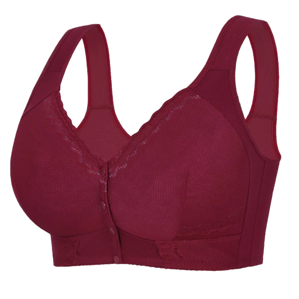 Wine red fuller bust front opening adaptive bra with snap closure, wide fixed shoulder straps and wire-free support.