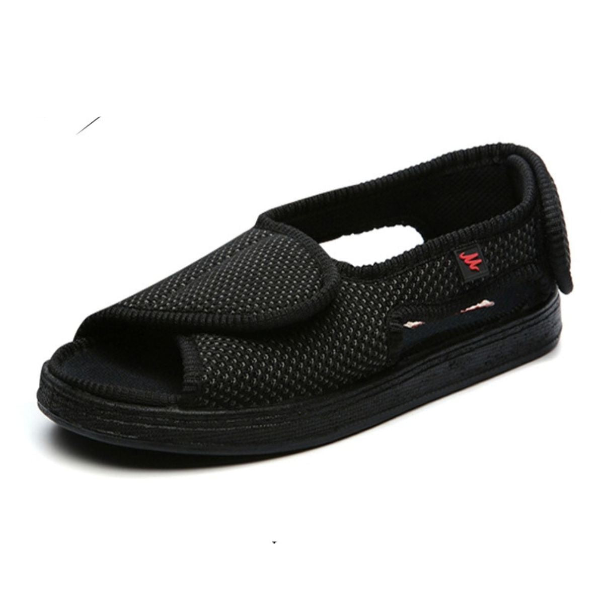 Harper’s Haven black adaptive sandal with open toe and adjustable front and heel Velcro straps