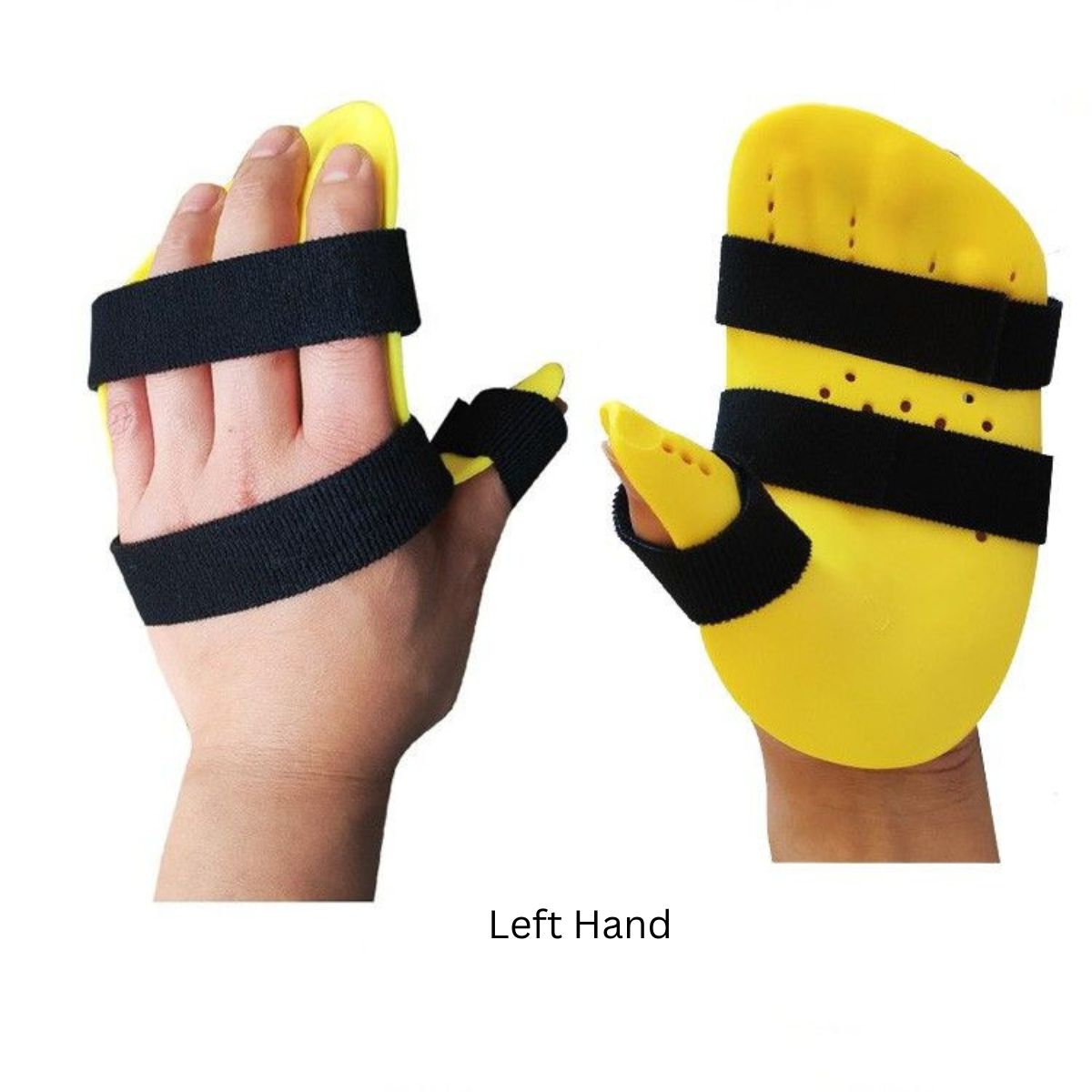 Finger resting splint shown on left hand:  front view showing full palm coverage and Velcro straps, and back view showing correct finger positioning and fit.