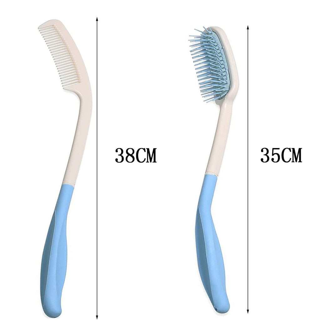 Long handle hair brush and comb showing 35 cm brush and 38 cm comb lengths