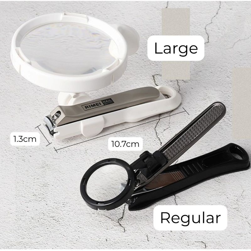 Regular and large nail clippers with magnifiers, showing the black 3.3 cm lens style and white 8 cm lens style
