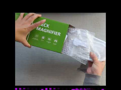 Hands-free neck-hanging 10x magnifying glass being unboxed and demonstrated for reading and close-up tasks.
