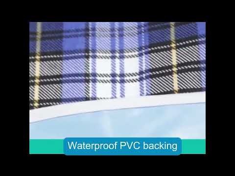 Video showing the waterproof adult feeding bib with soft front fabric, PVC backing, Velcro neck fastening and bottom pocket for catching crumbs and spills.