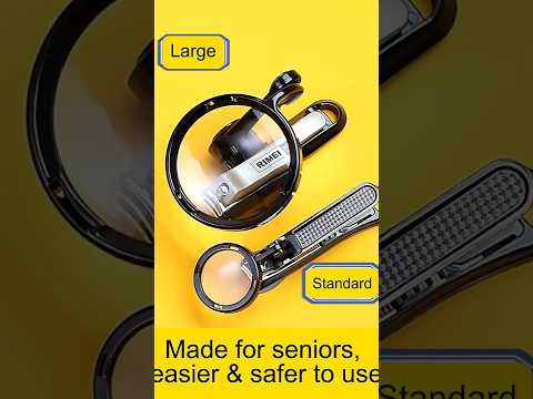 Video showing a nail clipper with magnifier for seniors, including regular 3.3 cm and large 8 cm lens styles, adjustable viewing angles and nail clipping catcher.
