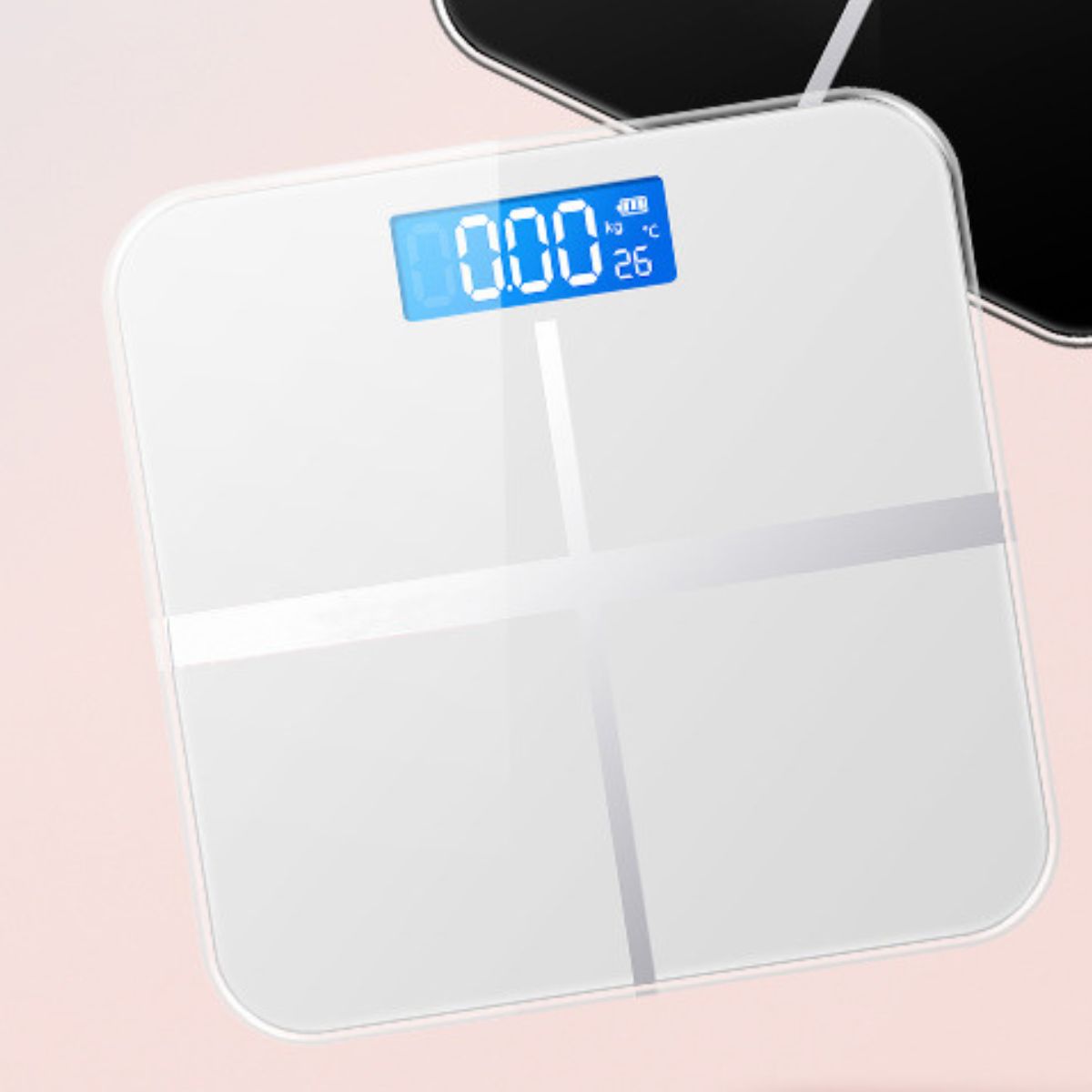 Silver rechargeable digital body scale with clear two-decimal display and room temperature reading