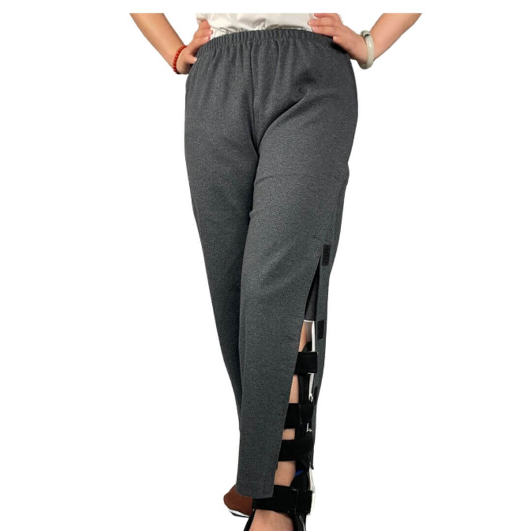 Women's adaptive pants worn with the Velcro side opening partially open